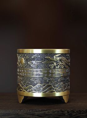 纯铜古风笔筒加厚复古文玩放笔盒大办公桌桌面摆件装饰品实用黄铜