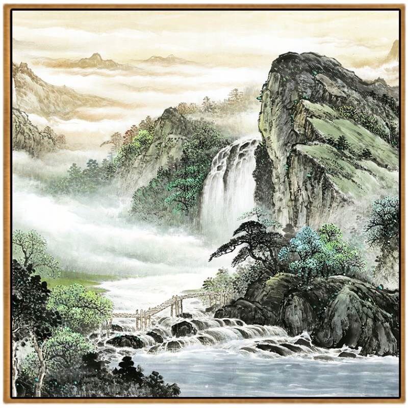 山水风景画客厅挂画正方形办公室装饰画高山流水生财靠山招财壁画