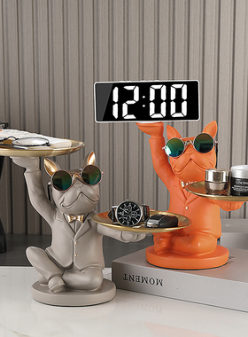 狗狗轻奢摆件智能电子时钟客厅桌面卧室床头柜装饰品台式钥匙收纳