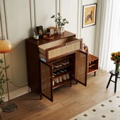 柜实木复古藤编木色黑色边柜子 柜入户玄关柜隔断柜中古风鞋 法式 鞋