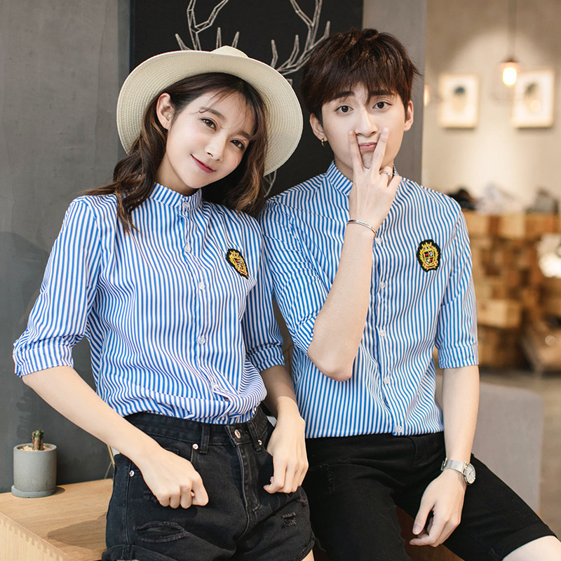 服务员工作服条纹中袖衬衫男女酒店KTV餐饮西餐厅咖啡馆奶茶服装