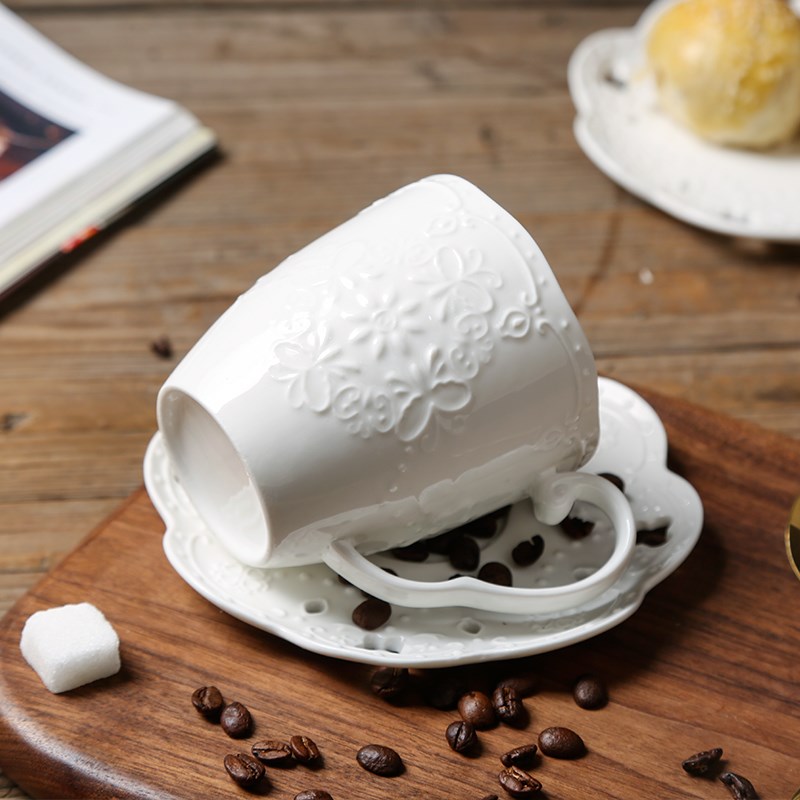 欧式浮雕蕾丝田园风办公室马克杯水杯咖啡杯下午茶杯碟早餐杯家用