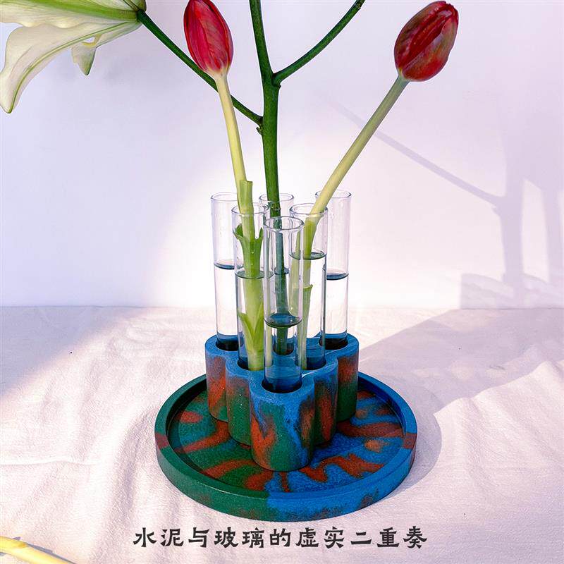 创意花瓶客厅插鲜花富贵竹彩色餐桌水泥六孔试管花瓶含试管1物1拍
