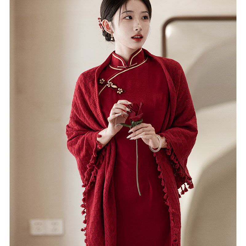 红色配旗袍披肩结婚敬酒服新娘针织新中式礼服外套披风外搭秋冬季