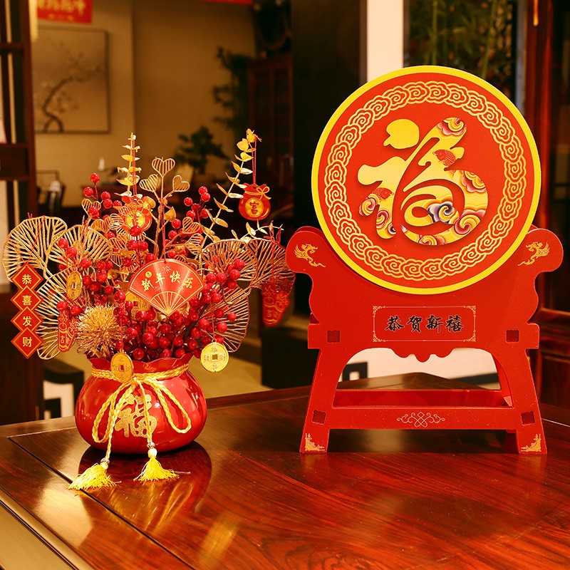 过年商场橱窗柜台公司布置用品春节新年装饰摆件喜庆桌面摆台装扮