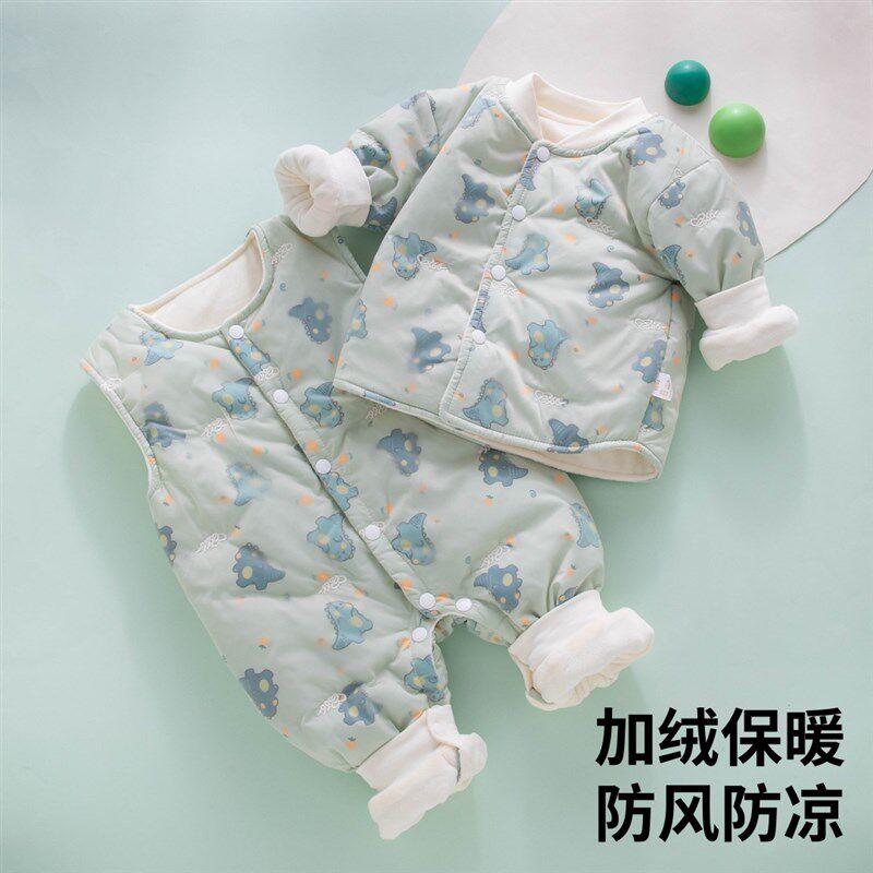 新生婴儿超洋气背带裤套装秋冬加绒宝宝夹棉衣服加厚分体棉服冬装