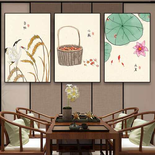 新中式二十四节气装饰画素雅民俗古风日式客厅餐厅三联画茶室挂画