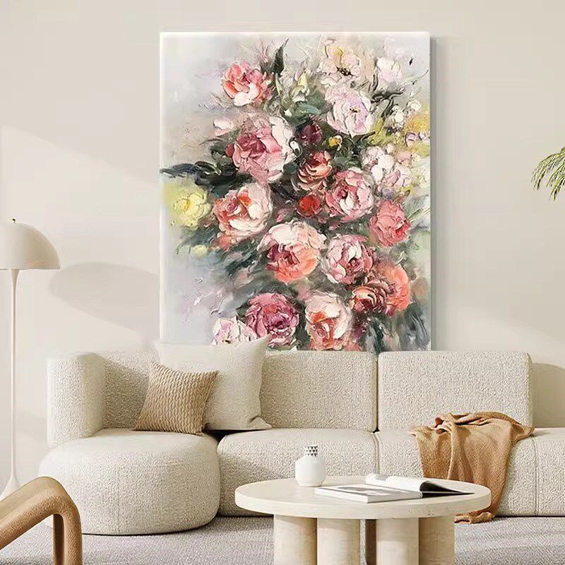 牡丹花开富贵油画手绘玄关装饰画客厅花卉挂画大芬村抽象肌理壁画
