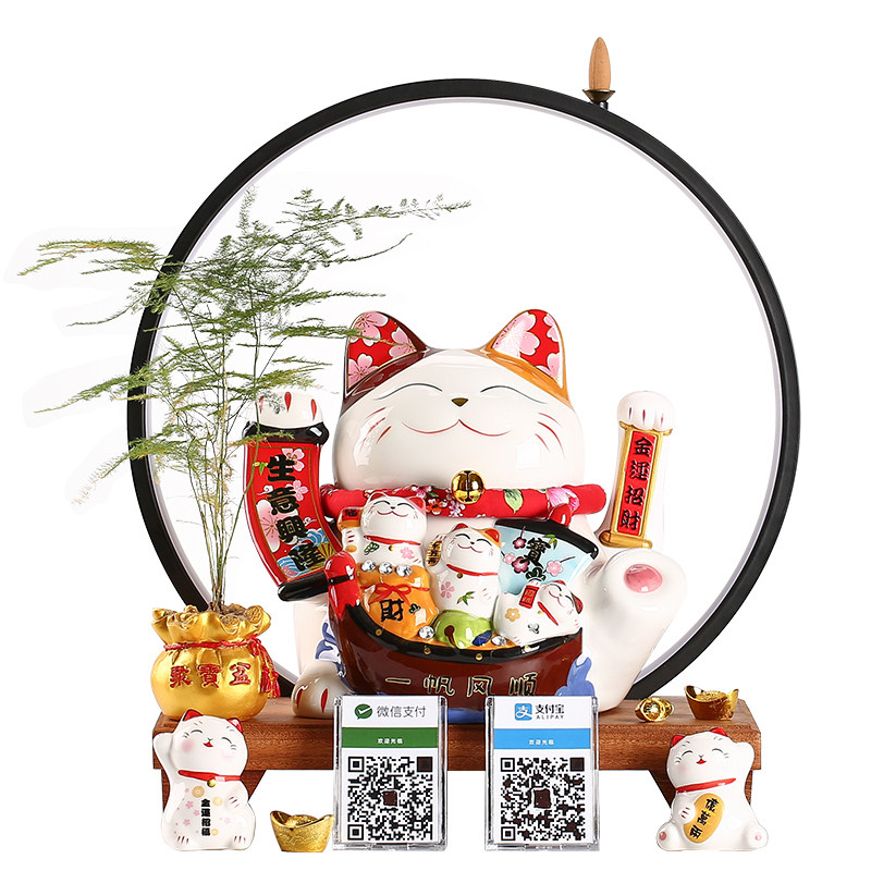 创意店铺高档开业礼品陶瓷招财猫电自动招手收银台二维码语音播报