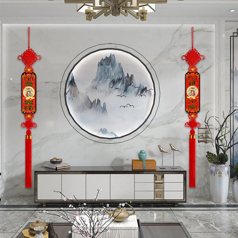 2023新款中国结挂件桃木高档客厅挂饰对联背景墙生意开业乔迁装饰