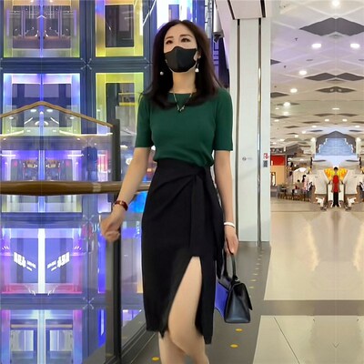 2024夏季一整套搭配套装七分袖针织上衣黑色包裙半身裙两件套装