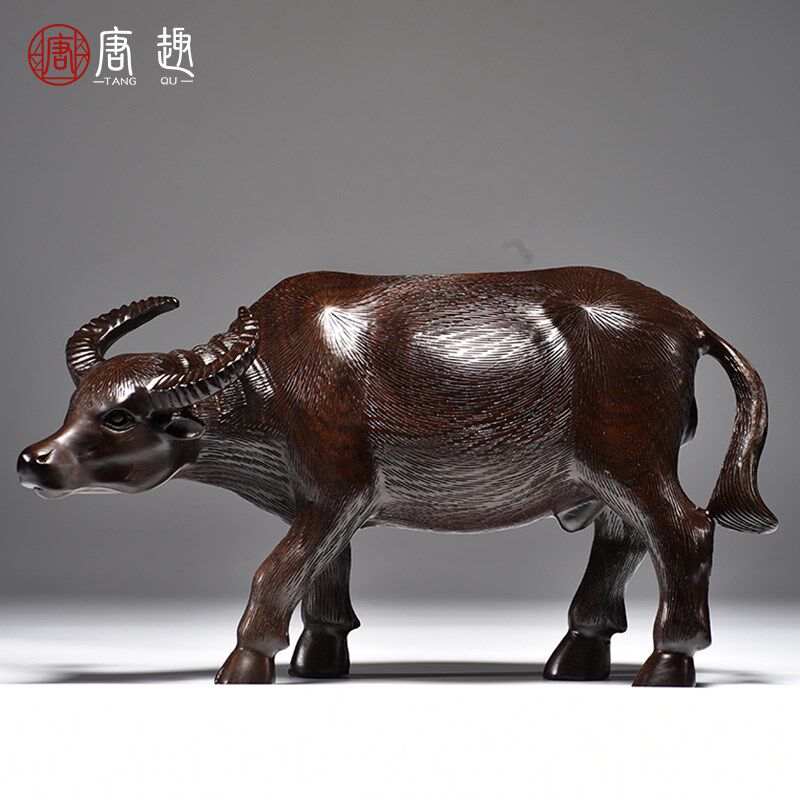 唐趣黑檀木雕牛摆件牛气冲天实木水牛工艺品十二生肖动物客厅送礼