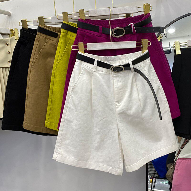 黑色西装短裤女夏纯棉薄款阔腿大码松紧高腰显瘦休闲中裤五分裤子