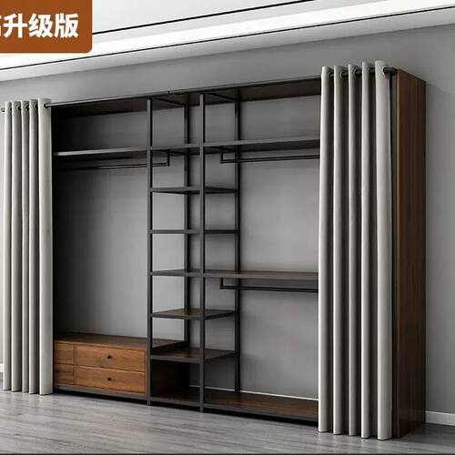 轻奢简约落地开放步入金属衣帽间挂衣架组合双层卧室衣柜订置绢