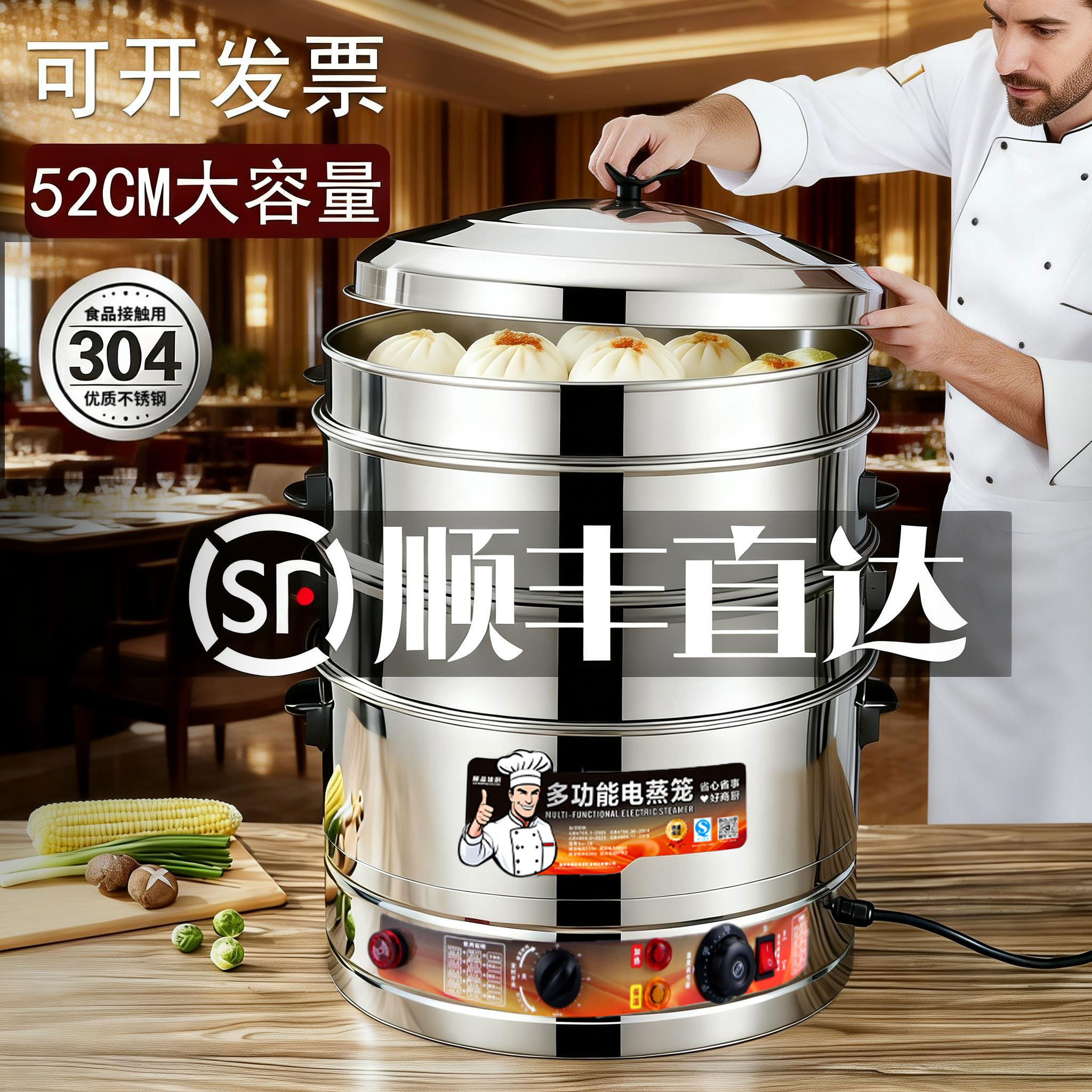 多功能304不锈钢电蒸锅家用三层自动电蒸笼大容量商用大号47-52cm