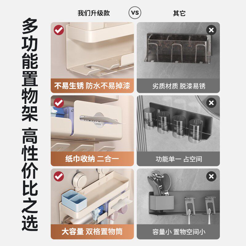 吸盘卫生间牙刷置物架壁挂式免打孔吹风机漱口杯收纳架子一体支架