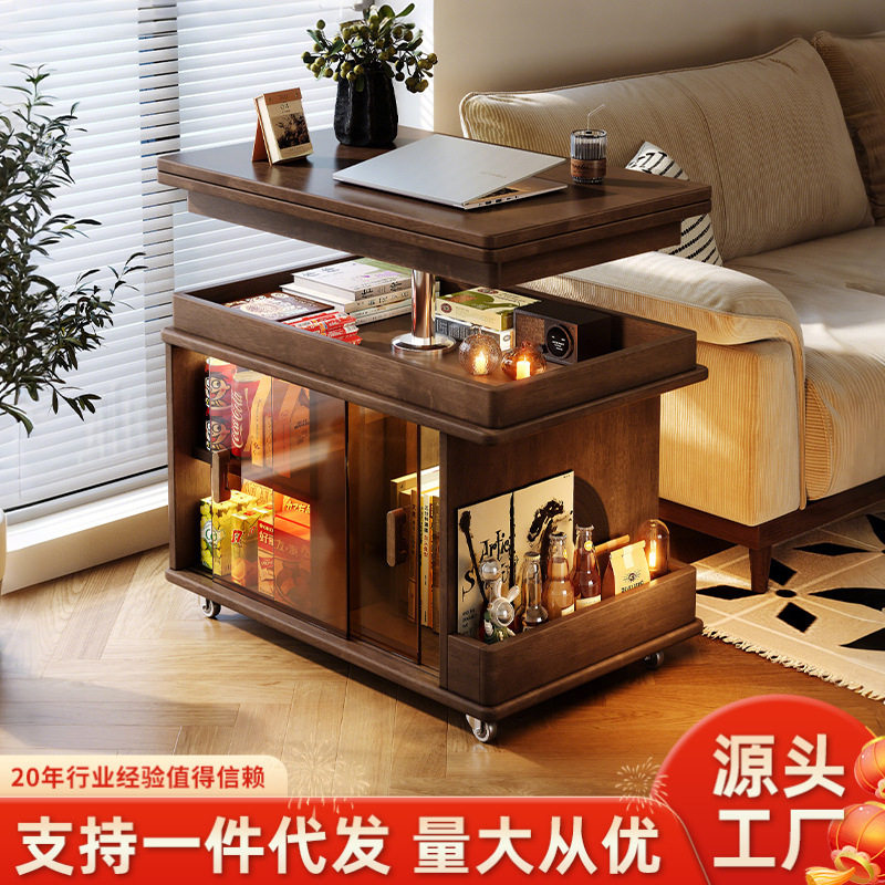 家逸实木可折叠茶几小户型沙发边柜家用升降茶几餐桌两用移动边几图片