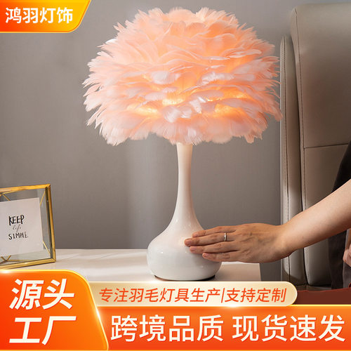 羽毛台灯卧室床头灯北欧ins少女网红灯床头柜摆件浪漫装饰diy台灯