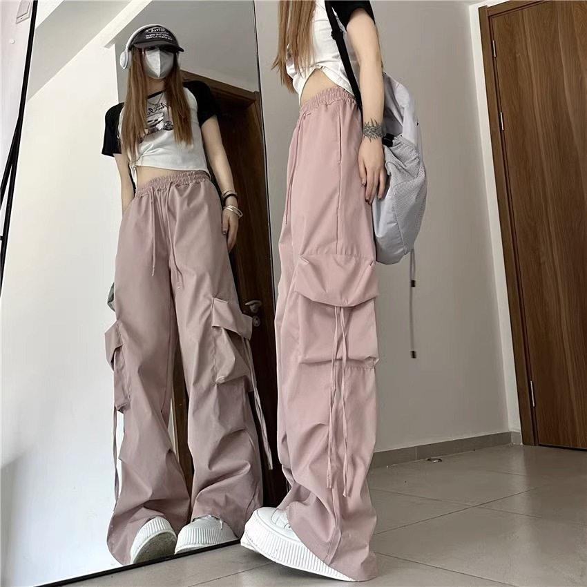 美式大口袋飘带设计工装裤男女夏季黑色百搭抽绳宽松直筒休闲长裤