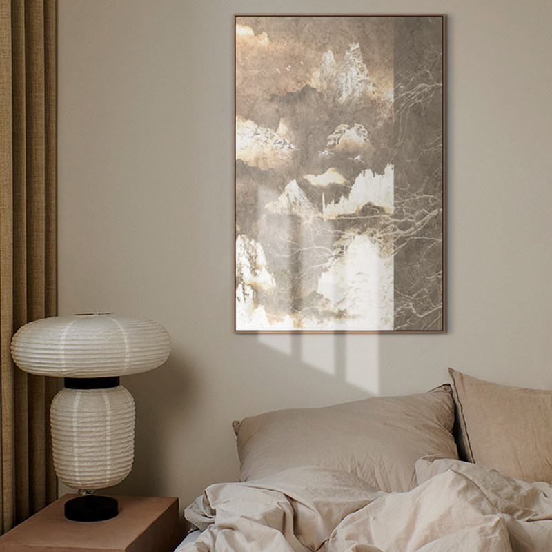 中式金色山水意境过道玄关风景装饰画侘寂风禅意民宿壁画茶室挂画