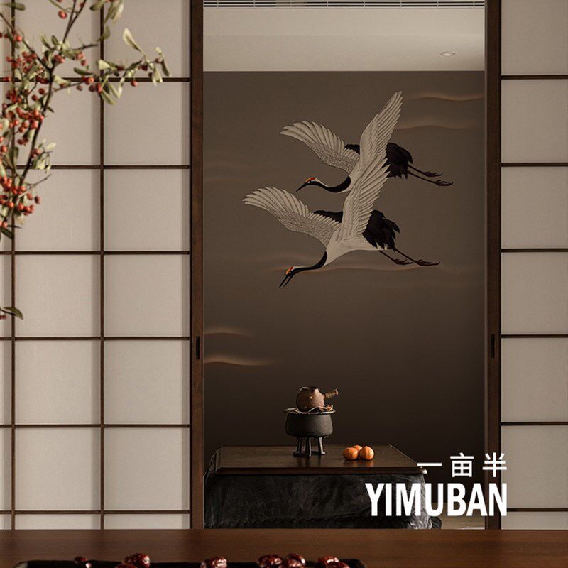 现代中式仙鹤客厅沙发背景墙纸墙布覆古餐厅定制壁画卧室壁纸壁布