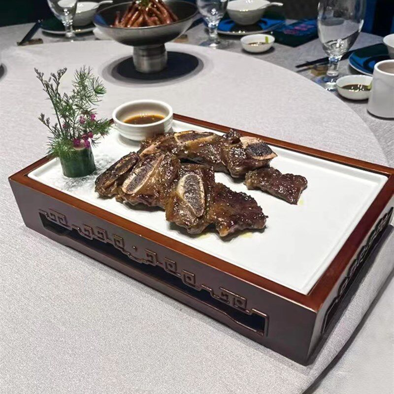 复古中式宫庭风竹木组合陶瓷白色长方盘意境菜会所私房菜特色餐具