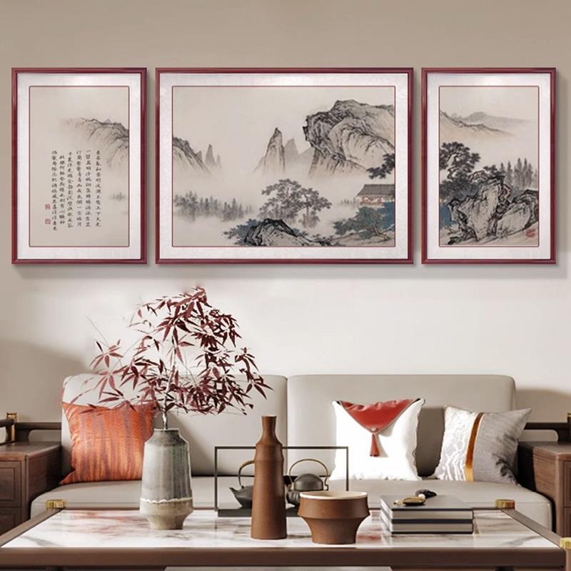 新中式客厅装饰画沙发背景墙挂画三联画办公室风景山水画书房壁画