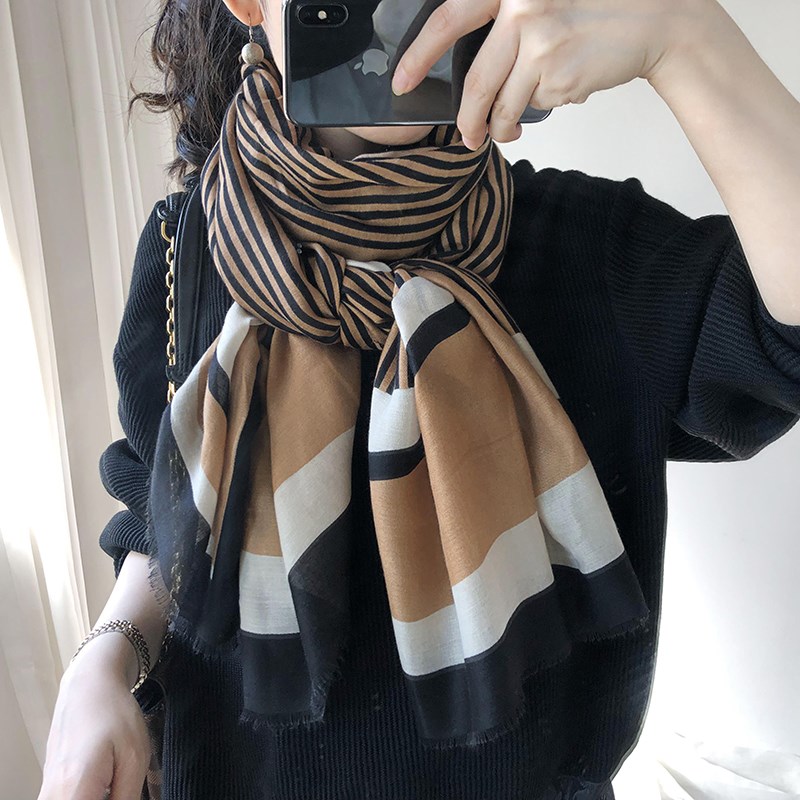 棉麻围巾女春秋四季洋气条纹几何格子流苏薄纱巾长披肩大丝巾冬季