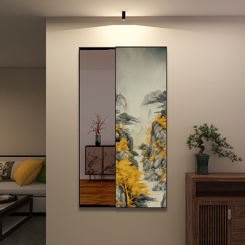 新中式隐藏式穿衣镜壁画可推拉全身镜装饰画进门玄关水墨山水国画