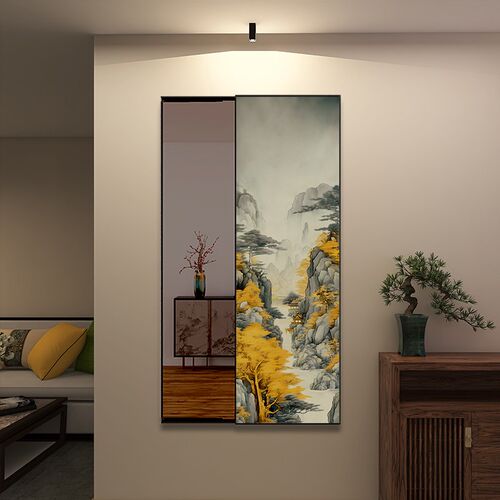 新中式隐藏式穿衣镜壁画可推拉全身镜装饰画进门玄关水墨山水国画