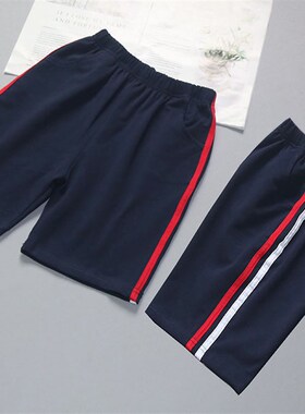 校服纯棉裤子夏款深蓝色幼儿园小中学生宽松红白黄杠短中5分校裤