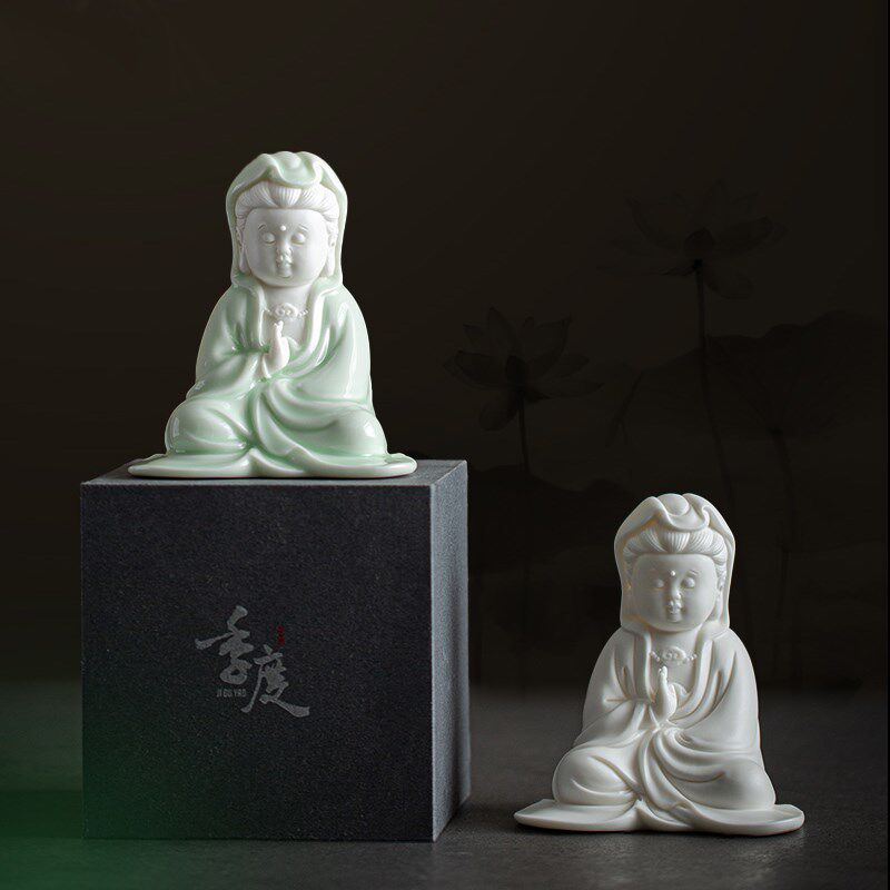 久造陶瓷自在观音佛像摆件家居客厅可爱工艺品摆设汽车中控装饰品