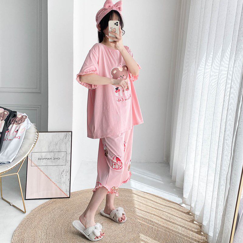 短袖七分裤夏季纯棉睡衣女加大码两件套宽松孕妇胖MM200斤家居服