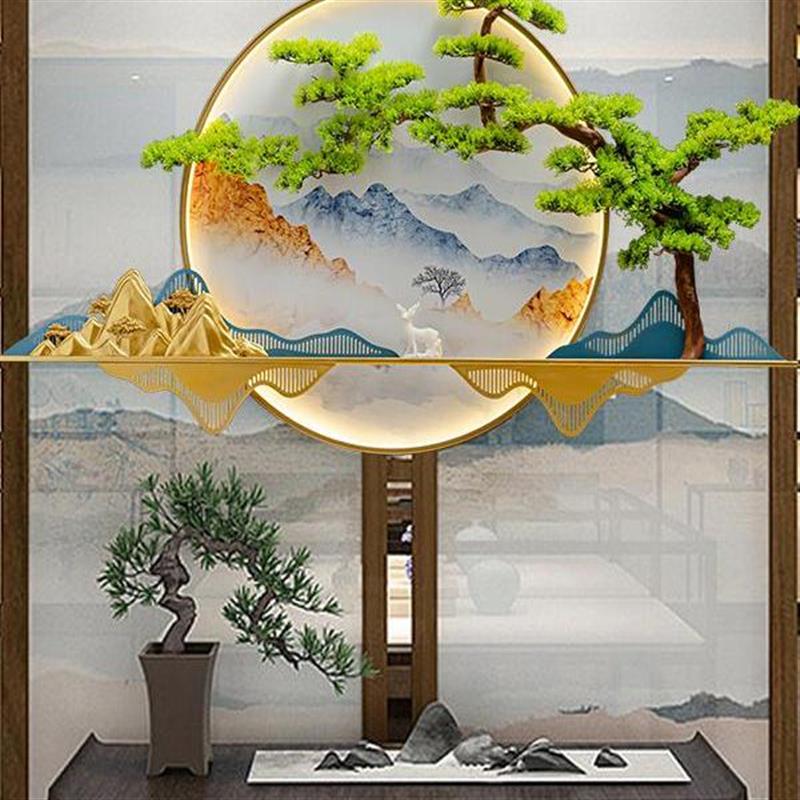 新中式装饰画圆形玄关客厅沙发背景墙上带灯立体迎客松铁艺壁饰