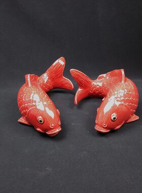 大红鲤鱼陶瓷工艺品摆件湾公仔家居饰品客厅墙饰 创意纯手工挂壁