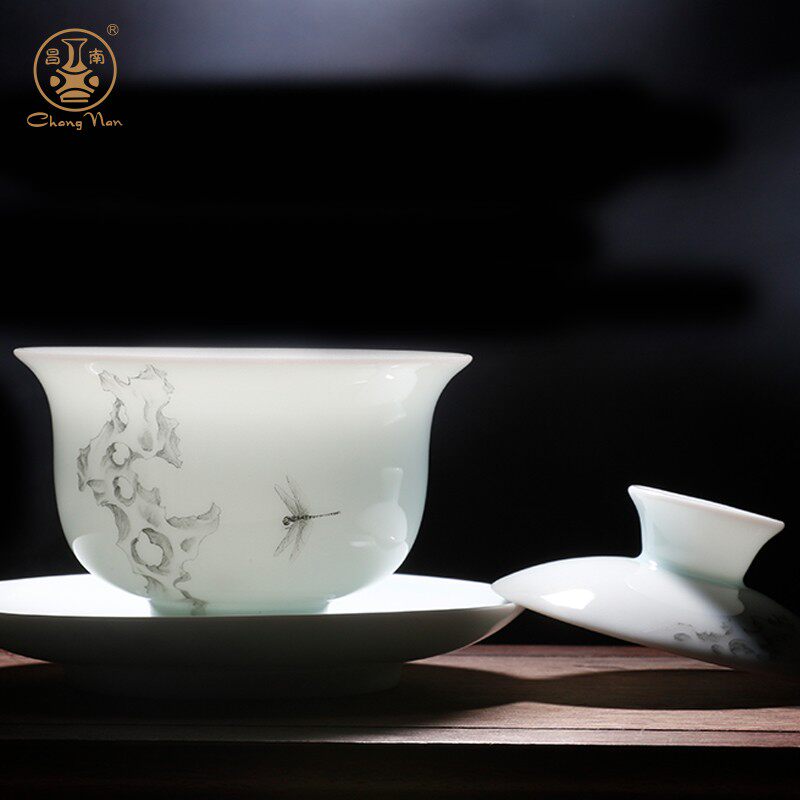 昌南陶瓷盖碗景德镇功夫茶具三才碗玉瓷敬茶碗大号粉彩泡茶壶茶杯