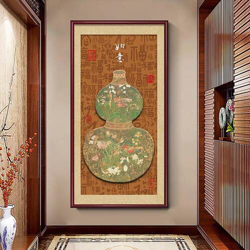 中式复古风葫芦玄关装饰画新中式暖居百福图走廊过道挂画入户壁画