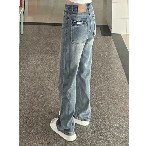 高腰阔腿牛仔裤女2024秋冬加绒胖妹妹mm宽松显瘦梨形身材直筒裤子