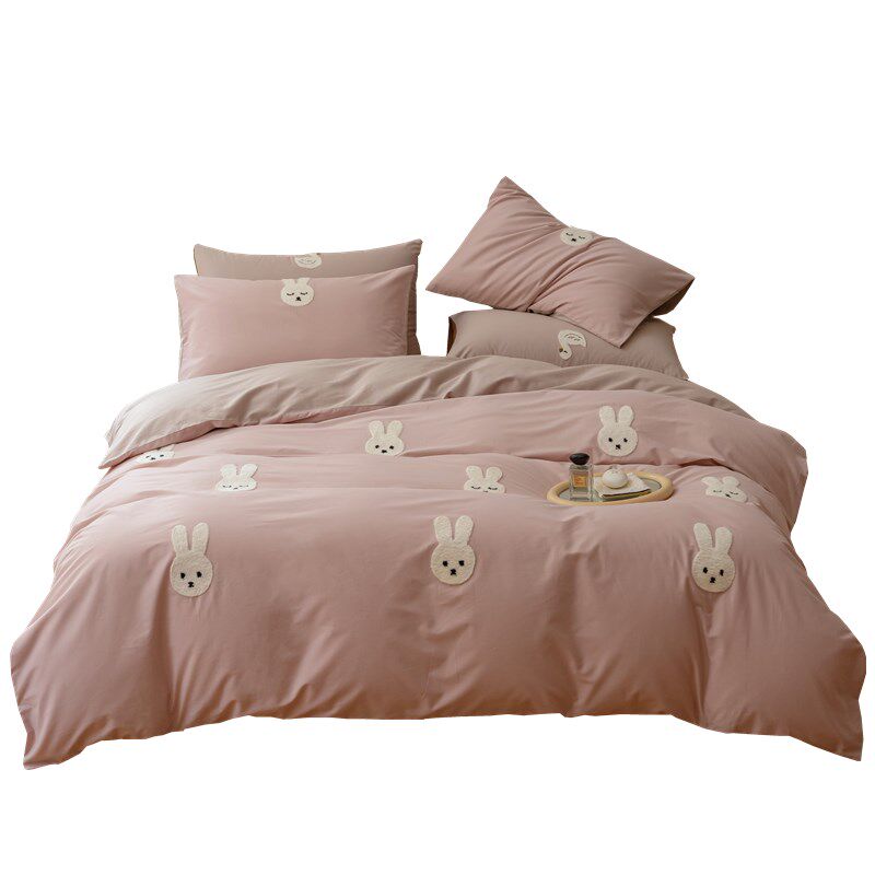 可爱兔兔秋冬100支全棉磨毛四件套加厚保暖纯棉床单被套卡通毛巾