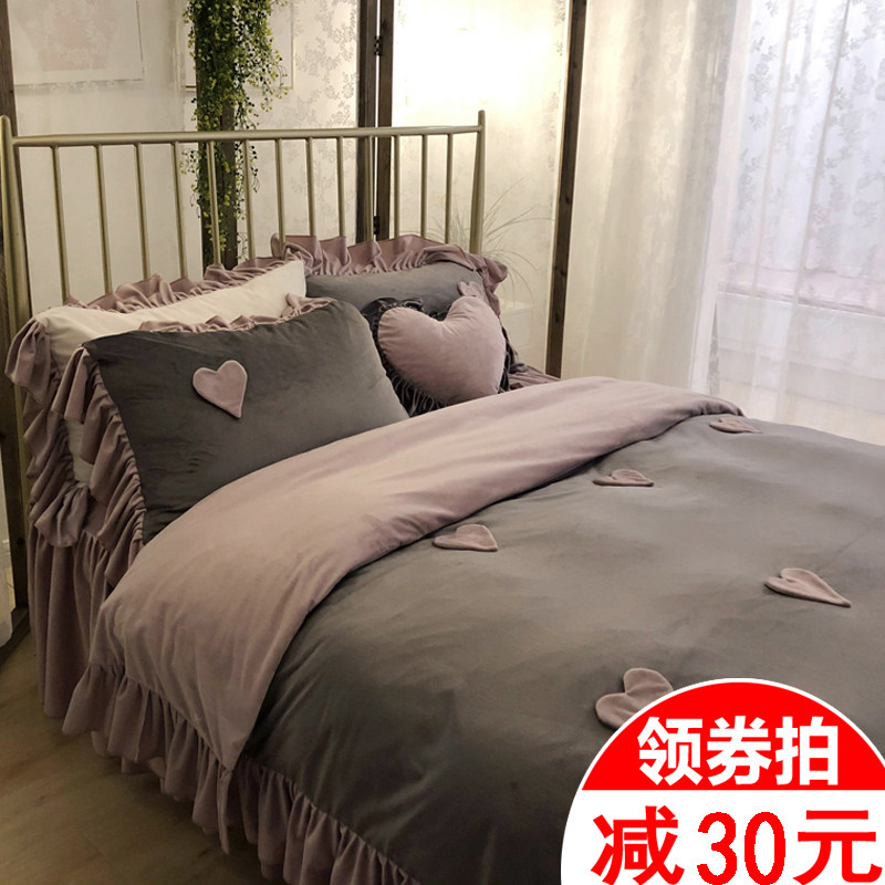 床裙牛奶水晶绒四件套床单韩式冬季珊瑚绒被套公主床上法兰绒床罩