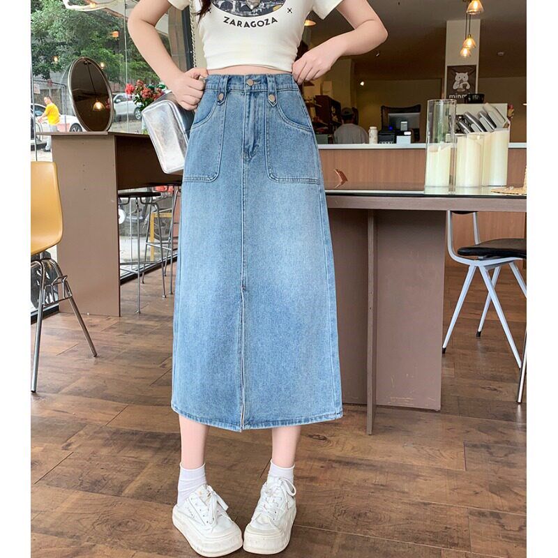 小吉家大码女装夏季新款胖mm高腰开叉牛仔半身裙复古a字中长裙子