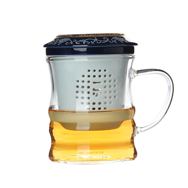 一园茶具玻璃泡茶杯茶水分离硼硅花茶红过滤网带盖子办公杯可爱水