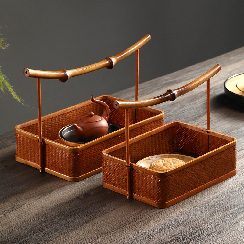竹制品手工竹编复古茶具收纳筐点心篮日式家用整理篮手提篮干果盘