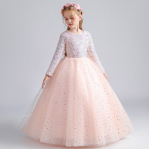 儿童礼服长袖秋冬女童公主裙生日小主持人钢琴演出服花童婚纱亮片