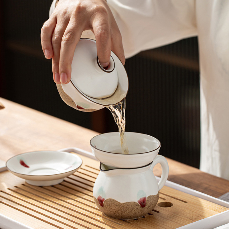 日式粗陶功夫茶具办公室会客景德镇盖碗茶杯套装高档家用简约小套