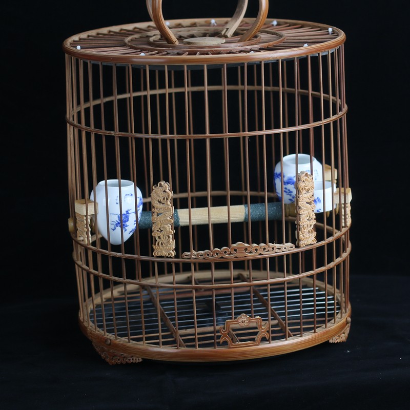 画眉竹鸟笼紫竹手工老竹活底竹皮抛光雕刻全套竹鸟笼钢丝底留青