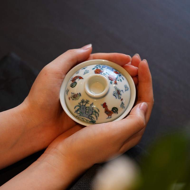 宛玉 斗彩鸡缸纹茶器大套组 盖碗 品杯 水盂 壶承 功夫茶具一人饮