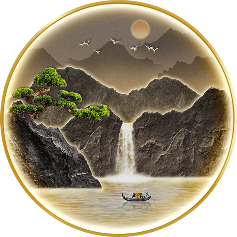 新中式圆形壁画流水生财玄关装饰画迎客松灯画大气山水画客厅挂画