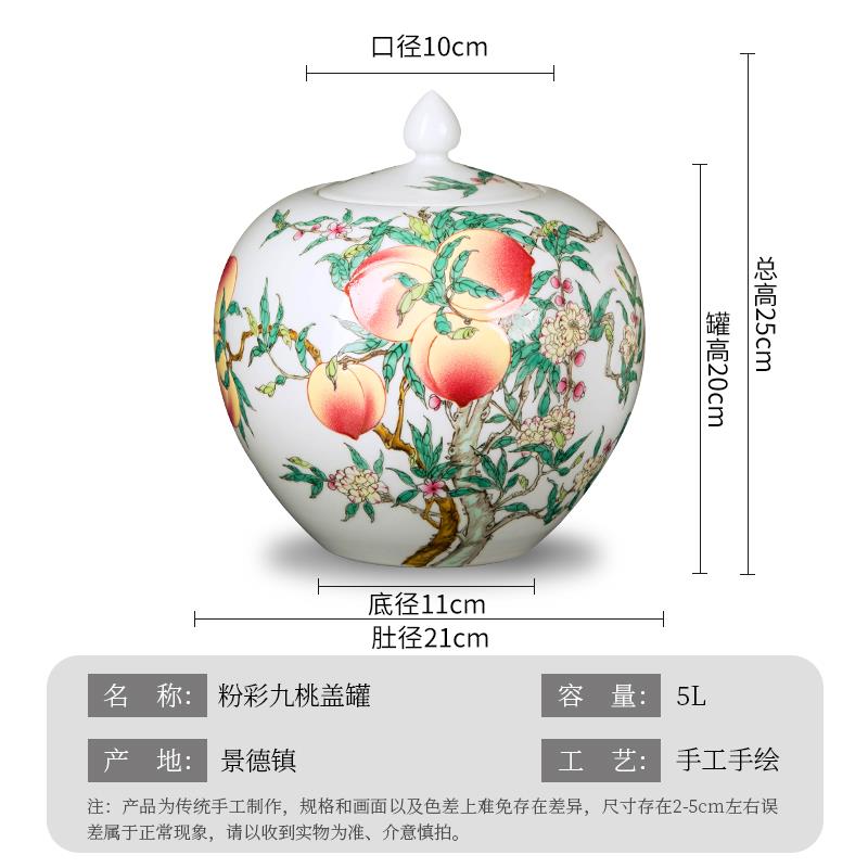 景德镇陶瓷器花瓶新中式手绘九桃储物罐客厅玄关米缸家用装饰摆件
