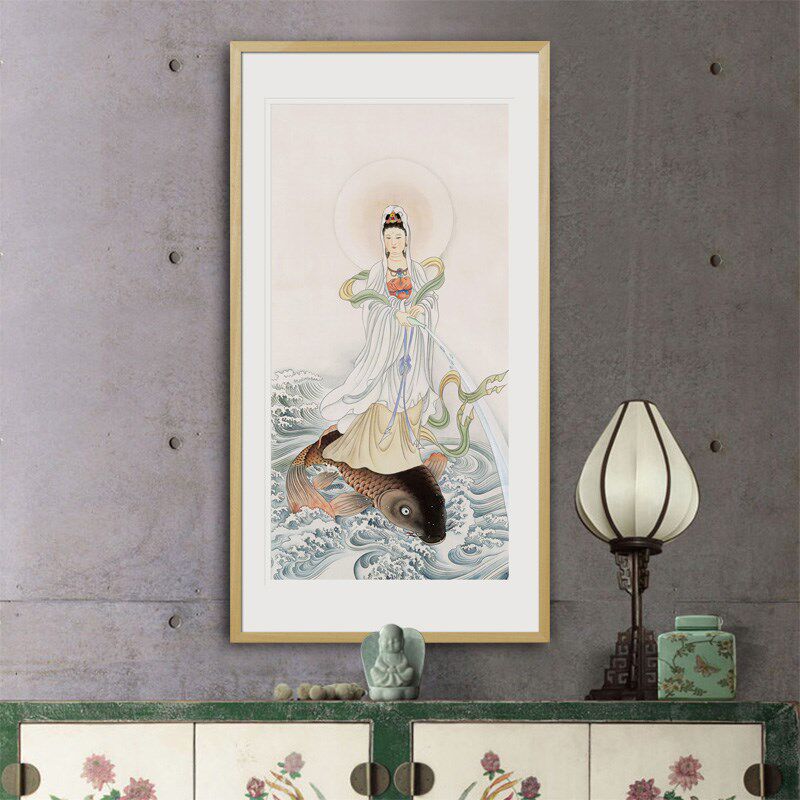 工笔人物宣纸国画鲤鱼观音菩萨画像书房玄关中式画框卷轴画轴挂画